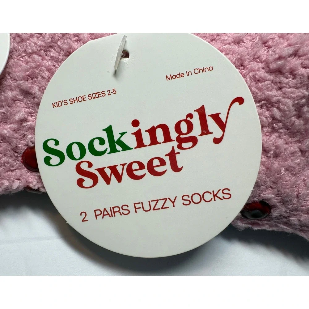 Sockingly Sweet 2 Pairs Kids Fuzzy Socks Pink Red Peppermint Non-Slip Size 2-5